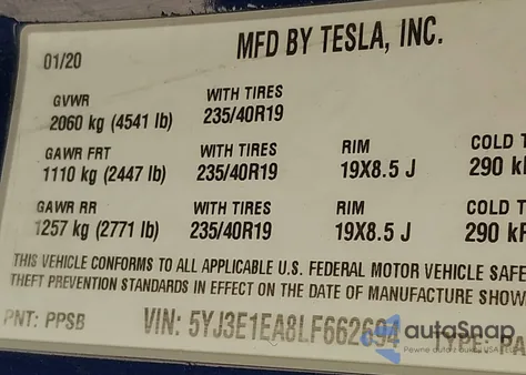 2020 Tesla Model 3 z USA, uszkodzony, nr VIN 5YJ3E1EA8LF662694